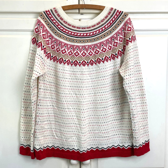 Talbots Women's Sz L Lambs Wool Blend Sweater Fair Isle White Red - Picture 5 of 10